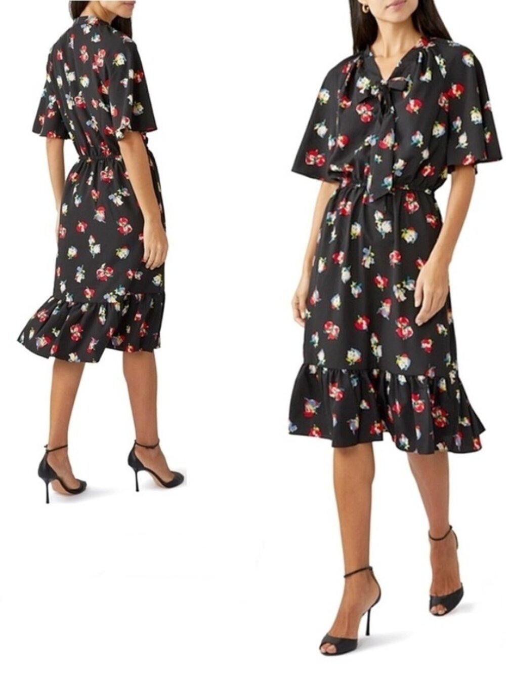 NWT Lauren Ralph Lauren Black Floral Crepe Tie-Neck Midi Dress / US 4